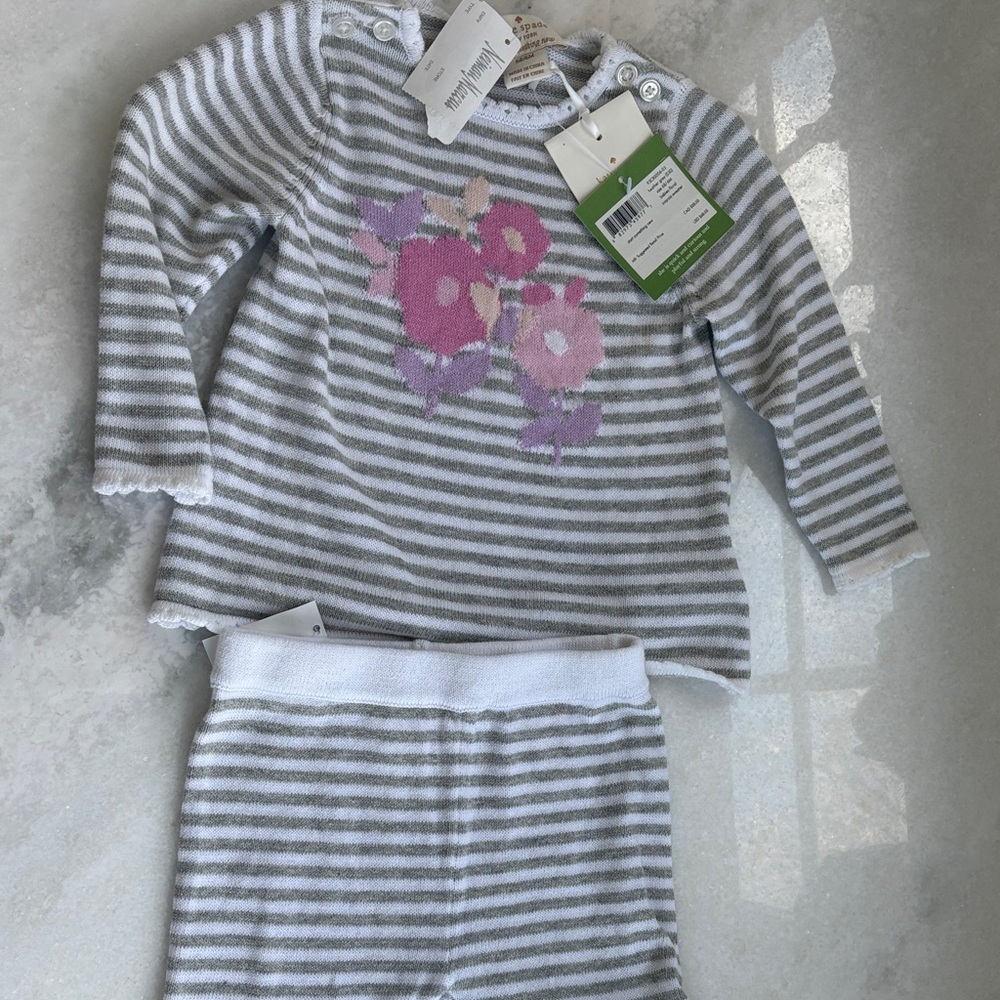 Girls Gray & White Striped Floral Accent Knit Set